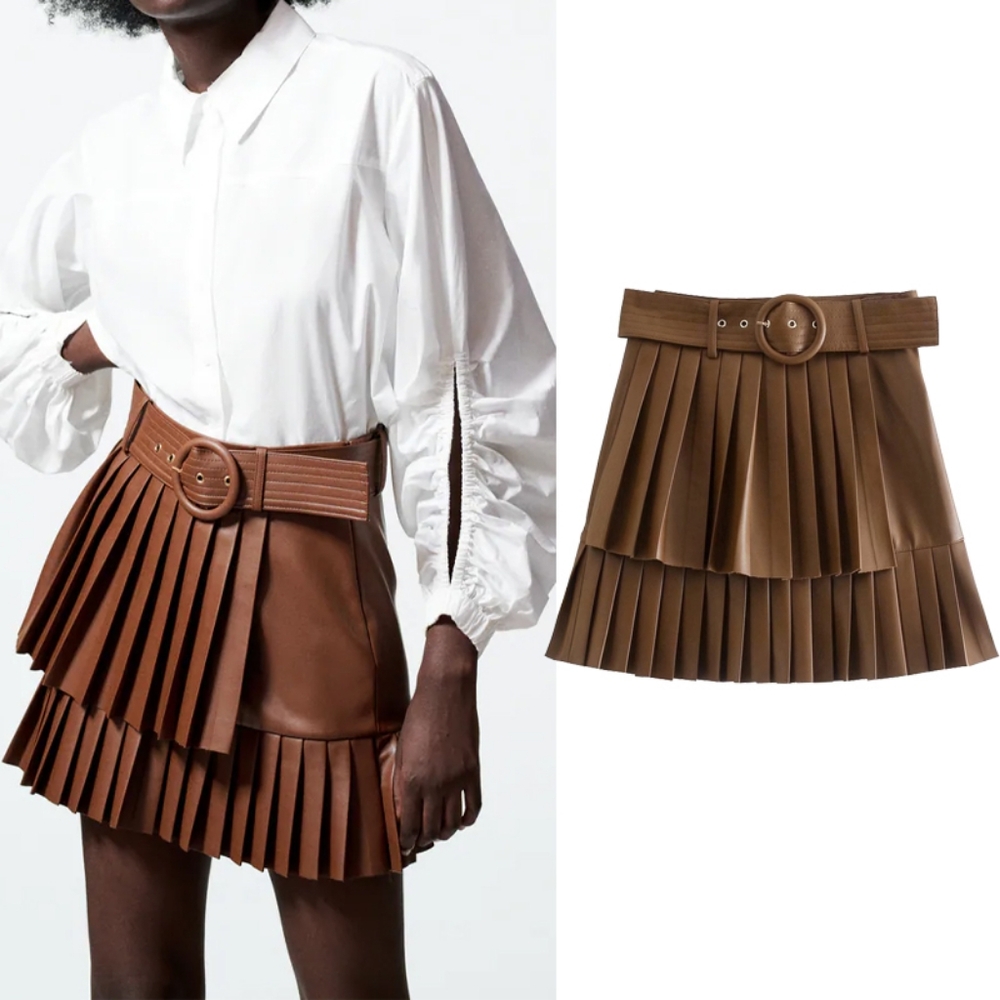 Zara - Like New Brown Pleated Skirt with Belt